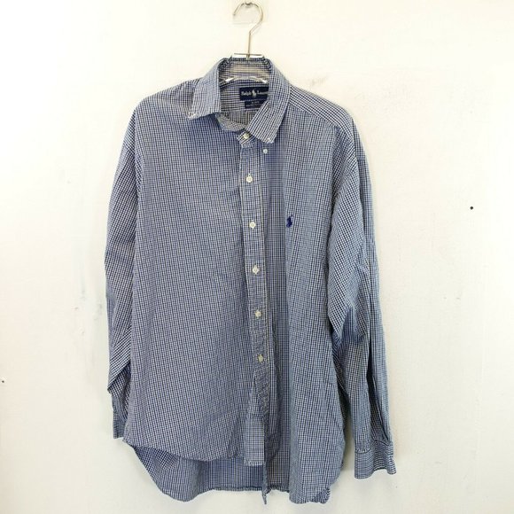 VINTAGE RALPH LAUREN MADE IN HONG KONG Men's Blue Dress Shirt LARGE Button Down - Picture 1 of 8
